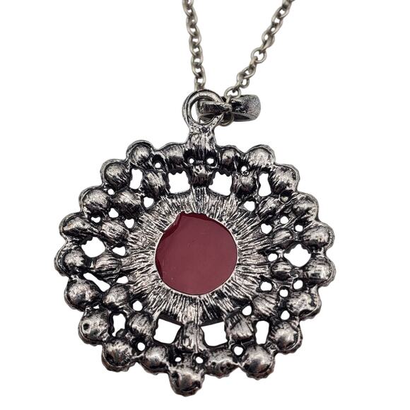 Red Acrylic & Crystal Pendant Necklace Rhinestone Silver Tone Chain 19" Vintage - Picture 3 of 7